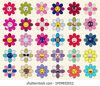 Big vector set. Cute kawaii flowers with different emotions. Flat illustration. Design for poster, card, invitation, placard, brochure, flyer, web.