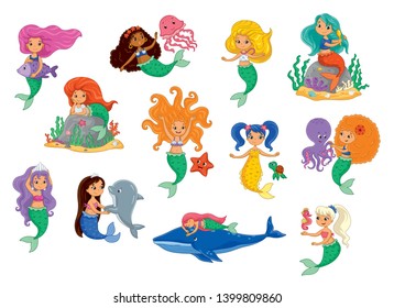 Big vector set with cute little mermaids. Vector cartoon mermaid. Vector illustration for children 