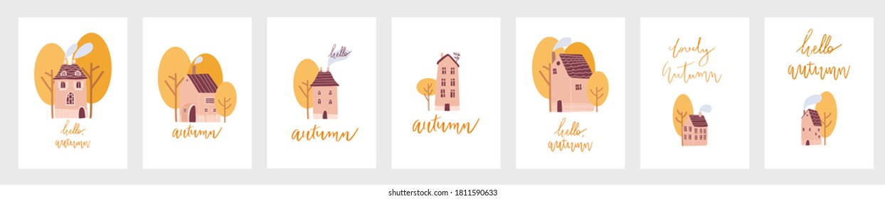 Gran vector conjunto de pequeñas y lindas casas para afiche de otoño. Bonitas casitas de campo con árboles del jardín.
