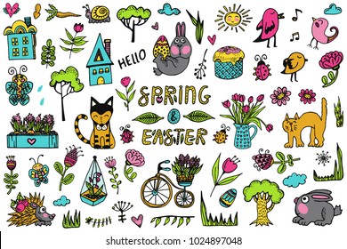 Big vector set with cute spring and Easter elements. Hand drawn illustration with flowers, animals, bicycle in doodle style. Colorful cartoon doodles. Design for prints, scrap booking, coloring page.
