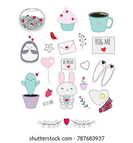 Big vector set with cute things in love-inspired theme: animals, flowers, sweets, plants, etc. Good stuff for cards, stickers, patches, etc.
