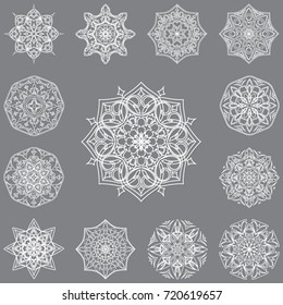 Big vector set of decorative elements: mandala, snowflake, paper lace doily, laser cut round ornament. 