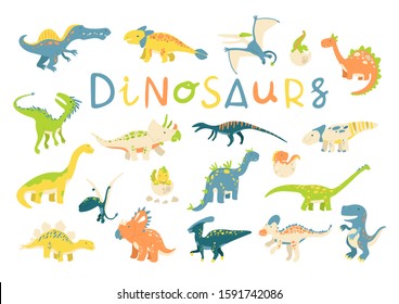Big vector set of different dinosaurs in flat cartoon style. Best for card or poster, children room decoration, kids dino party designs, kids fashion.