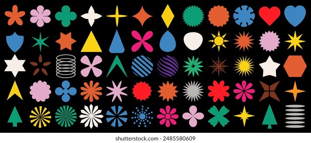Big vector set different geometric shapes. Trendy abstract minimalist shapes, stars, flows, circles. Modern abstract graphic design elements. Vector