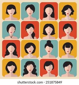 Big vector set of different haircuts women app icons in flat style