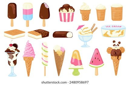 Big vector set of different ice cream in waffle cone and bars ice creams with different flavours chocolate, vanilla, fruits. Hand drawn ice-cream popsicle with sprinkling, scoop balls in cups isolated