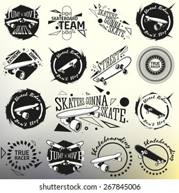 Big vector set of different labels emblems and design elements with illustrations of skateboard and longboard