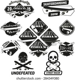 Big vector set of different labels emblems and design elements with illustrations of skateboard and longboard