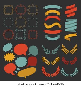 Big vector set of different shapes ribbons, laurels, frames and speech bubbles in flat style