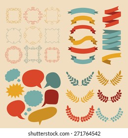 Big vector set of different shapes ribbons, laurels, frames and speech bubbles in flat style