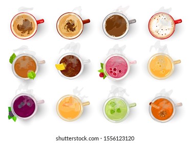 Big vector set with different types of hot beverages green, black, fruity, herbal, berry tea, coffee, cocoa, americano, cappuccino, espresso, latte, mochaccino Cartoon collection on white Top view