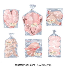 Big vector set with different types of transparent food packing. Whole chicken and its parts breasts, leg quaters, wings, drumsticks in polyethylene bags, vacuum packaging, plastic wrap, clingfilm.