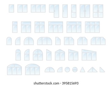 Big vector set of different types windows and doors. Illustration with isolated elements in flat style