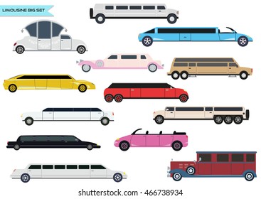 Big vector set of different types of limousines for rent.