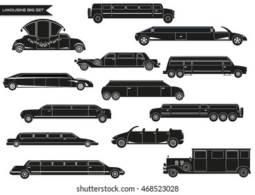 Big vector set of different types of limousines for rent.