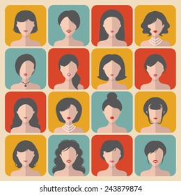 Big vector set of different women app icons in flat style