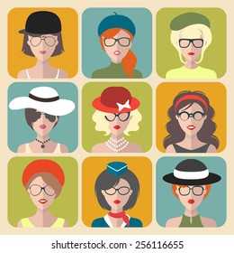 Big vector set of different women app icons in glasses and hats in flat style