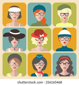 Big vector set of different women app icons in glasses and hats in flat style