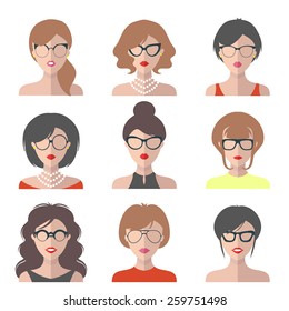 Big vector set of different women app icons in glasses in flat style