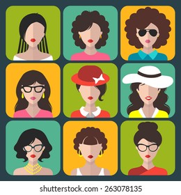 Big vector set of different women app icons in flat style