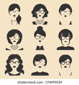Big vector set of different women app icons in glasses in flat style. Female faces or heads images.