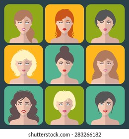 Big vector set of different women app icons in flat style. Female faces or heads collection.