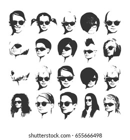 Big vector set of different women app icons in sunglasses in flat style. Female faces or heads images.