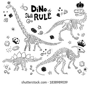 Big vector set of dino skeletons with crown, jewelry, diamonds, rubies, sapphires. Dino still rule illustration. 