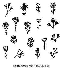 Große Vektorgrafik von Doodle-Blumen. Ein Haufen Blumen. Zweige, Blütenblätter, Blütenpflanzen und andere. Schwarzweiß, handgezeichnet. Eine Skizze mit Bouquets, romantischen Blättern. Einzeln auf weißem Hintergrund.
