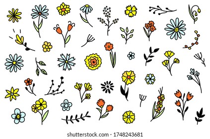 Big vector set of doodle flowers. A bunch of flowers. Branches, petals, flowering plants, and others. Color hand-drawn. A sketch of bouquets, romantic leaves. Isolated on white background.