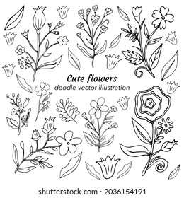 Big vector set of doodle flowers. A bunch of flowers. Branches, petals, flowering plants, and others. Black and white hand-drawn. A sketch of bouquets, romantic leaves. Isolated on white background.