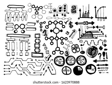 Big vector set with doodle style diagrams isolated on white background.Drawn by hand.Graphs, round charts,diagrams, arrows are drawn with lines in a comic style.For business,training,design companies.