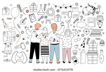 Big vector set of doodles about friendship, holidays and love. People friends - boys and girls, pets and festive decor. Outline, line. Isolated over white background