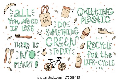 Big vector set with doodling icons. Every element is isolated on white background. All you need is less, recycle for the life-cycle, quitting plastic, do something green today, there is no planet B.