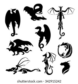 Big vector set of dragons. Silhouettes for tattoo and illustrations.