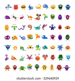 Big vector set of drawings custom characters isolated colorful monsters, germs, bacteria, aliens, halloween characters for prints, website, social media avatar, banners. For your design and business.