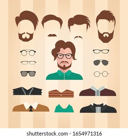 Big vector set of dress up constructor with different men glasses, beard, mustache, wear in trendy flat style. Male faces icon creator.