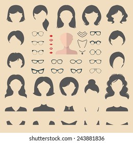 Big vector set of dress up constructor with different woman haircuts, glasses, lips, wear, jewellery in trendy flat style. Female faces icon creator.