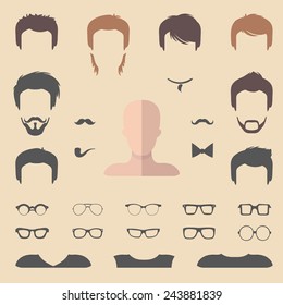 Big vector set of dress up constructor with different men haircuts, glasses, beard, mustache, wear in trendy flat style. Male faces icon creator