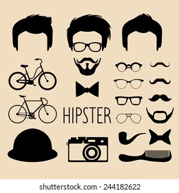 Big vector set of dress up constructor with different men hipster haircuts, glasses, beard, mustache, bikes in trendy flat style. Male faces icon creator.