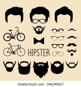 Big vector set of dress up constructor with different men hipster haircuts, glasses, beard, mustache, bikes in trendy flat style. Male faces icon creator.