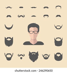 Big vector set of dress up constructor with different men hipster beard, mustache in trendy flat style. Male faces icon creator.