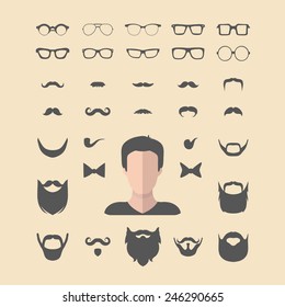 Big vector set of dress up constructor with different men glasses, beard, mustache, wear in trendy flat style. Male faces icon creator.