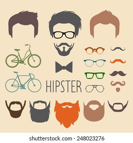 Big vector set of dress up constructor with different men hipster haircuts, glasses, beard, mustache, bikes in trendy flat style. Male faces icon creator.