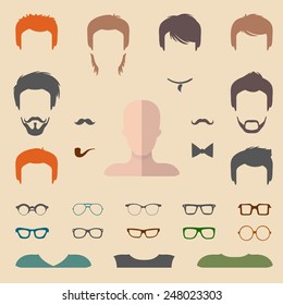 Big vector set of dress up constructor with different men glasses, beard, mustache, wear in trendy flat style. Male faces icon creator.