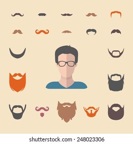 Big vector set of dress up constructor with different men hipster beard, mustache in trendy flat style. Male faces icon creator.