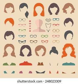 Big vector set of dress up constructor with different woman haircuts, glasses, lips, wear, jewellery in trendy flat style. Female faces icon creator.