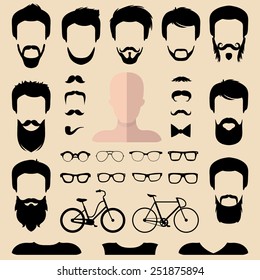 Big vector set of dress up constructor with different men hipster haircuts, glasses, beard, mustache, bikes in trendy flat style. Male faces icon creator.