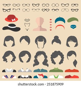 Big vector set of dress up constructor with different woman haircuts, glasses, lips, wear, jewellery in trendy flat style. Female faces icon creator.