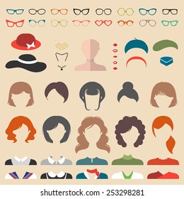 Big vector set of dress up constructor with different woman haircuts, glasses, lips, wear, jewellery in trendy flat style. Female faces icon creator.